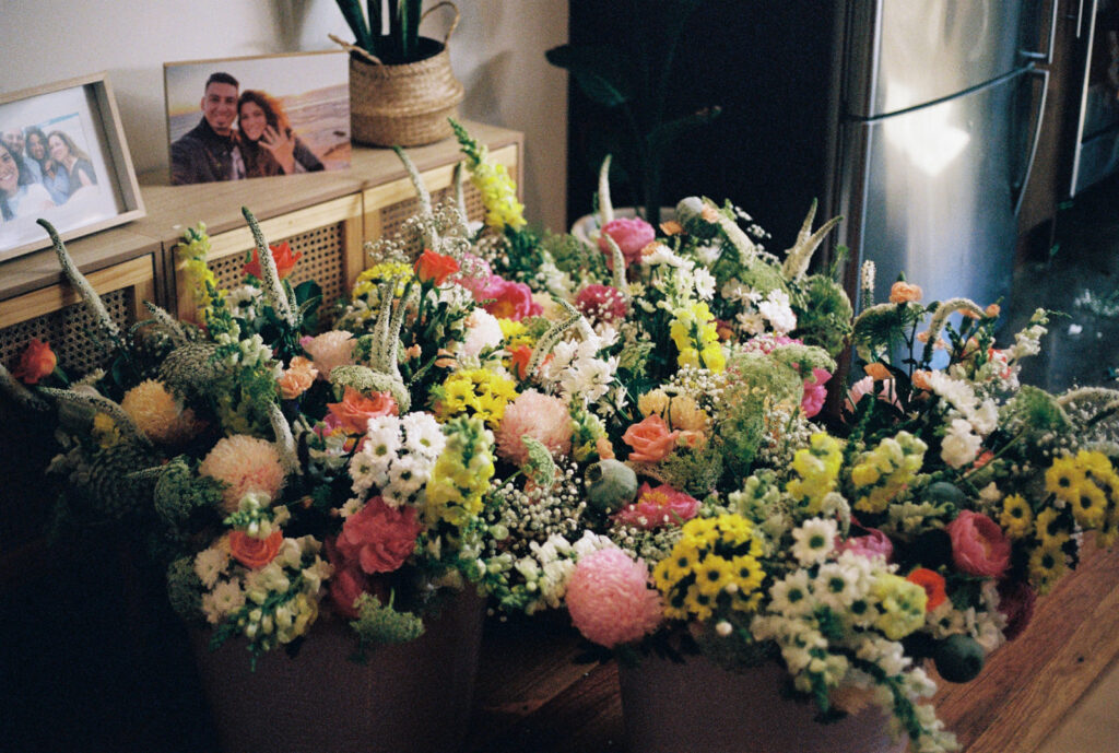 Florals hand made by stephanie's bridesmaids on her wedding day at emu bottom estate, captured on 35mm film