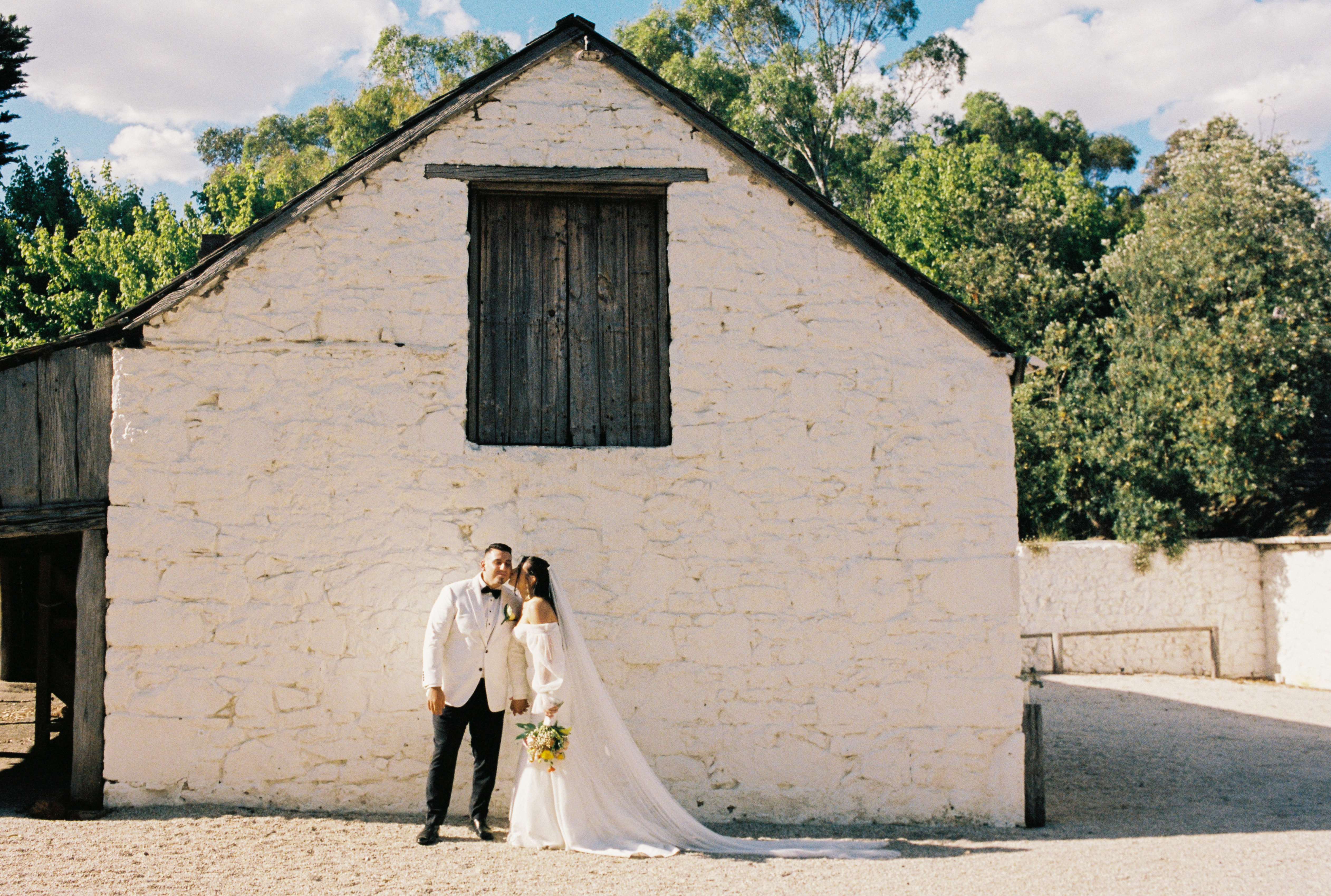 Bride and groom on their wedding day at emu bottom homestead