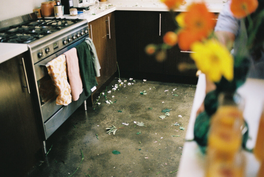 Florals hand made by stephanie's bridesmaids on her wedding day at emu bottom estate, captured on 35mm film