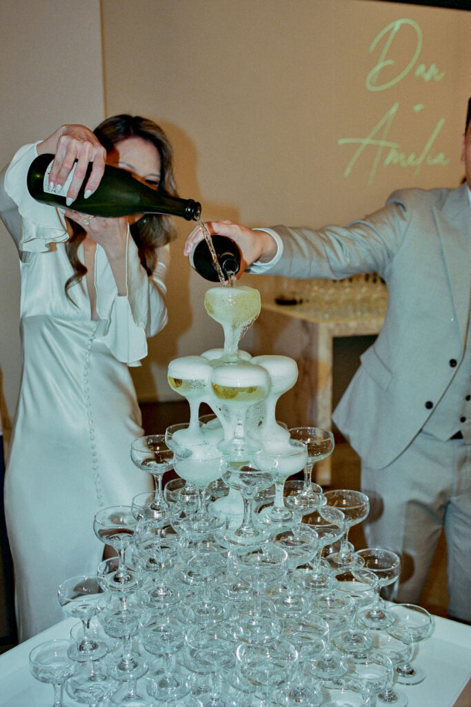 Champagne tower at two ton max wedding reception on 35mm film