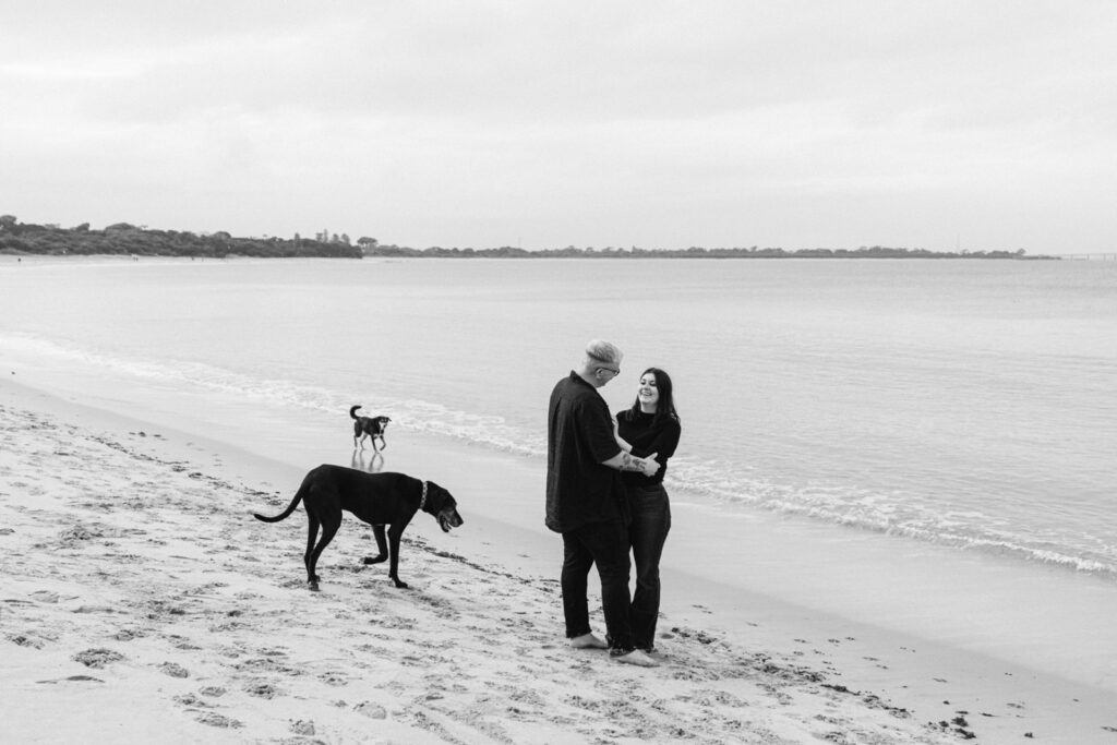 an engagement photo of a couple hugging while their dogs are walking around on the sand of  the beach around them