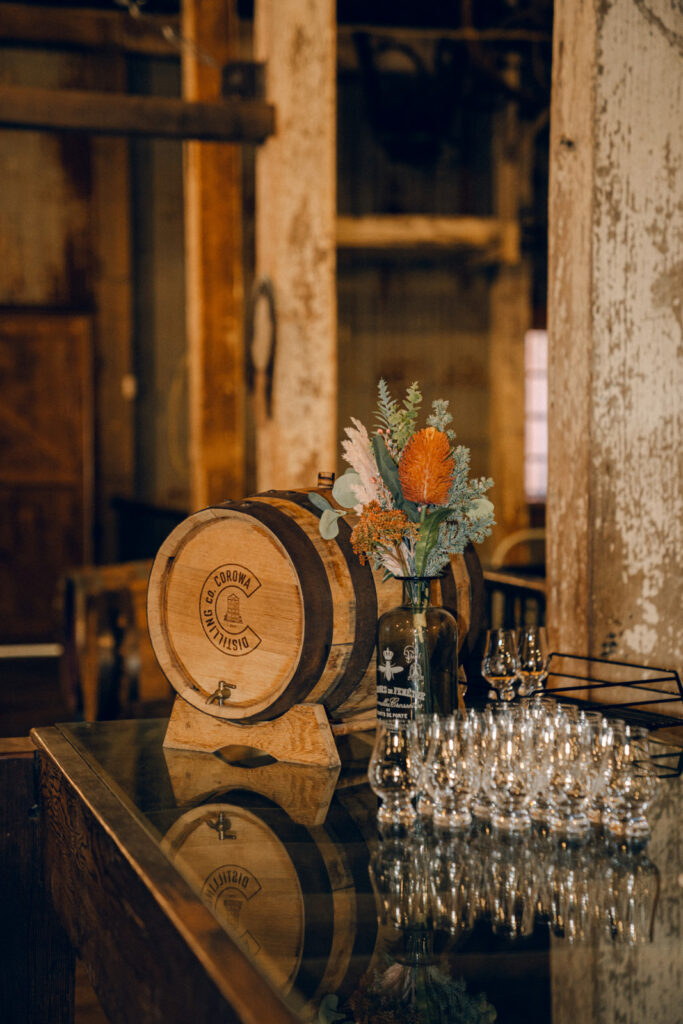 a small corowa whisky distillery barrel with whisky tasting glasses