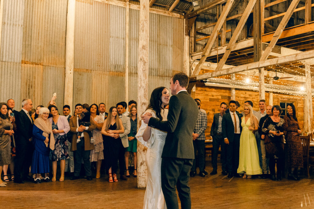 couple during their first dance on the dancefloor at corowa distillery